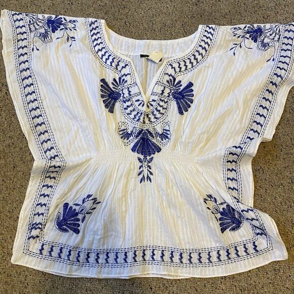 Y2K Uno Core Kimono Top Blouse White Blue Embroidered Coastal Beach Boho Women S - Picture 2 of 8